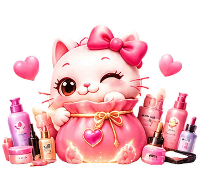 The Skinchii kitten celebrating with a bag of beauty products